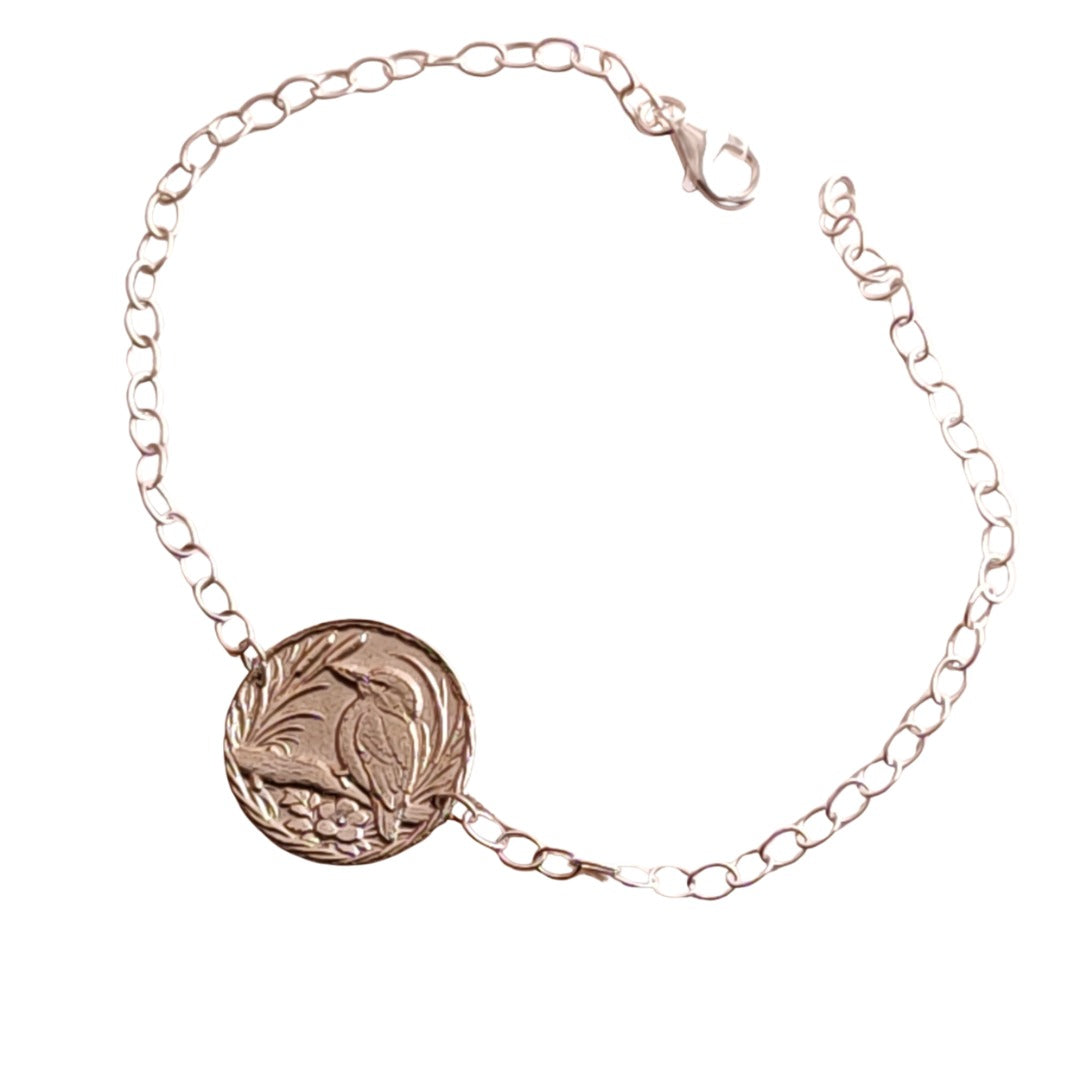 Kingfisher Engraved Sterling Silver Coin Bracelet
