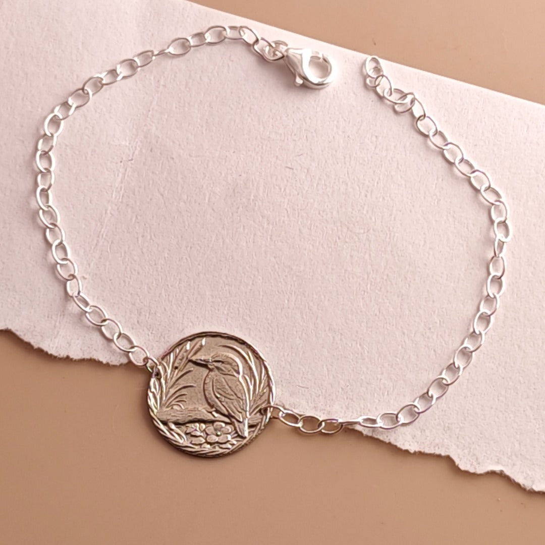 Kingfisher Engraved Sterling Silver Coin Bracelet