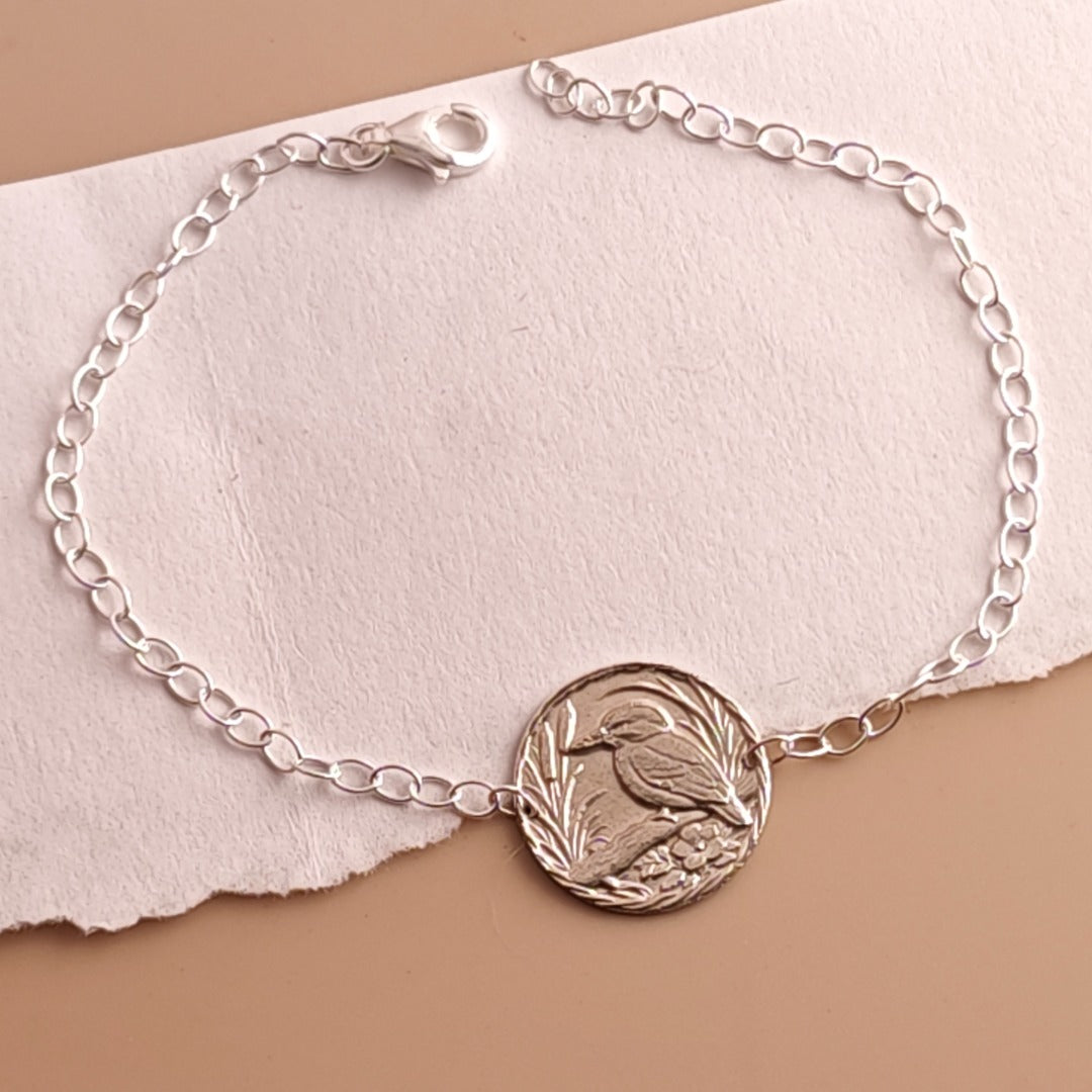 Kingfisher Engraved Sterling Silver Coin Bracelet