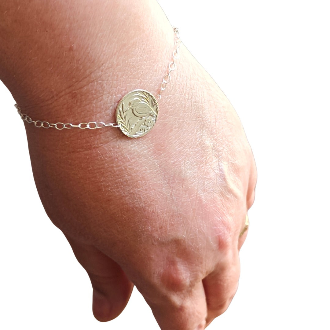 Kingfisher Engraved Sterling Silver Coin Bracelet
