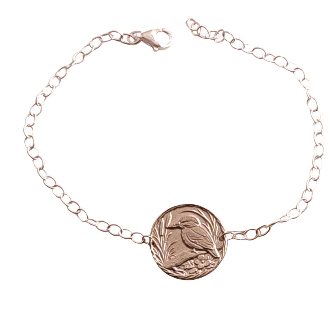 Kingfisher Engraved Sterling Silver Coin Bracelet