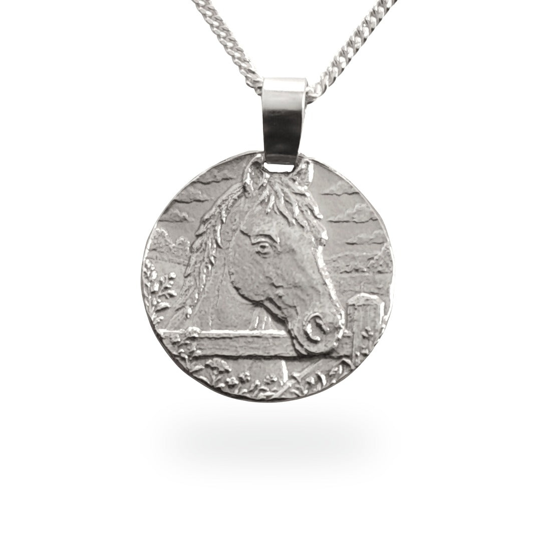 Sterling silver engraved horse coin pendant necklace, handcrafted in the UK from recycled sterling silver