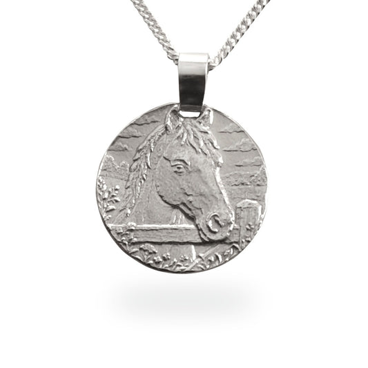 Sterling silver engraved horse coin pendant necklace, handcrafted in the UK from recycled sterling silver