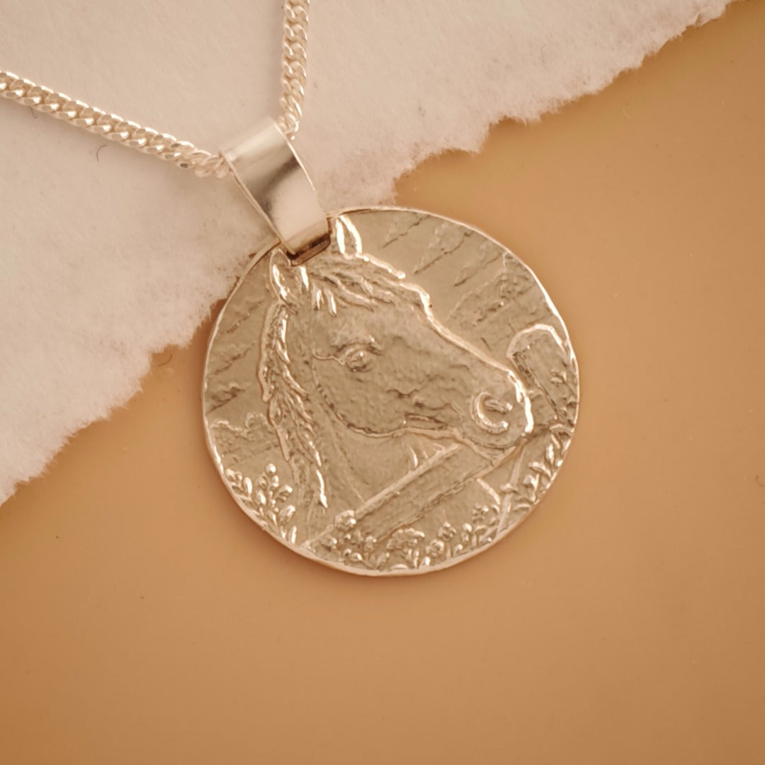 Horse Engraved Sterling Silver Coin Necklace