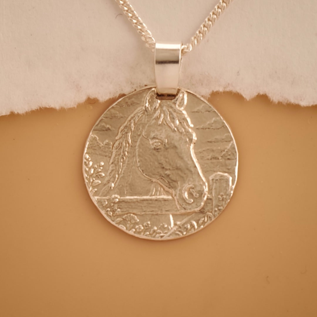 Horse Engraved Sterling Silver Coin Necklace