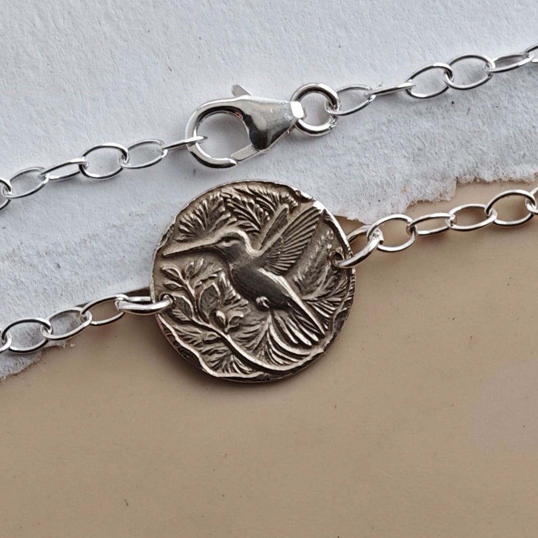 Hummingbird coin bracelet - alternate angle