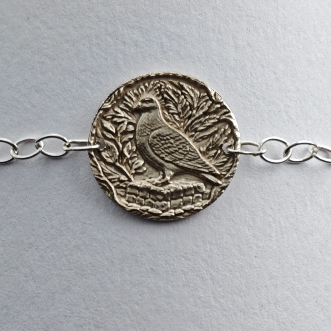 Pigeon Engraved Sterling Silver Coin Bracelet