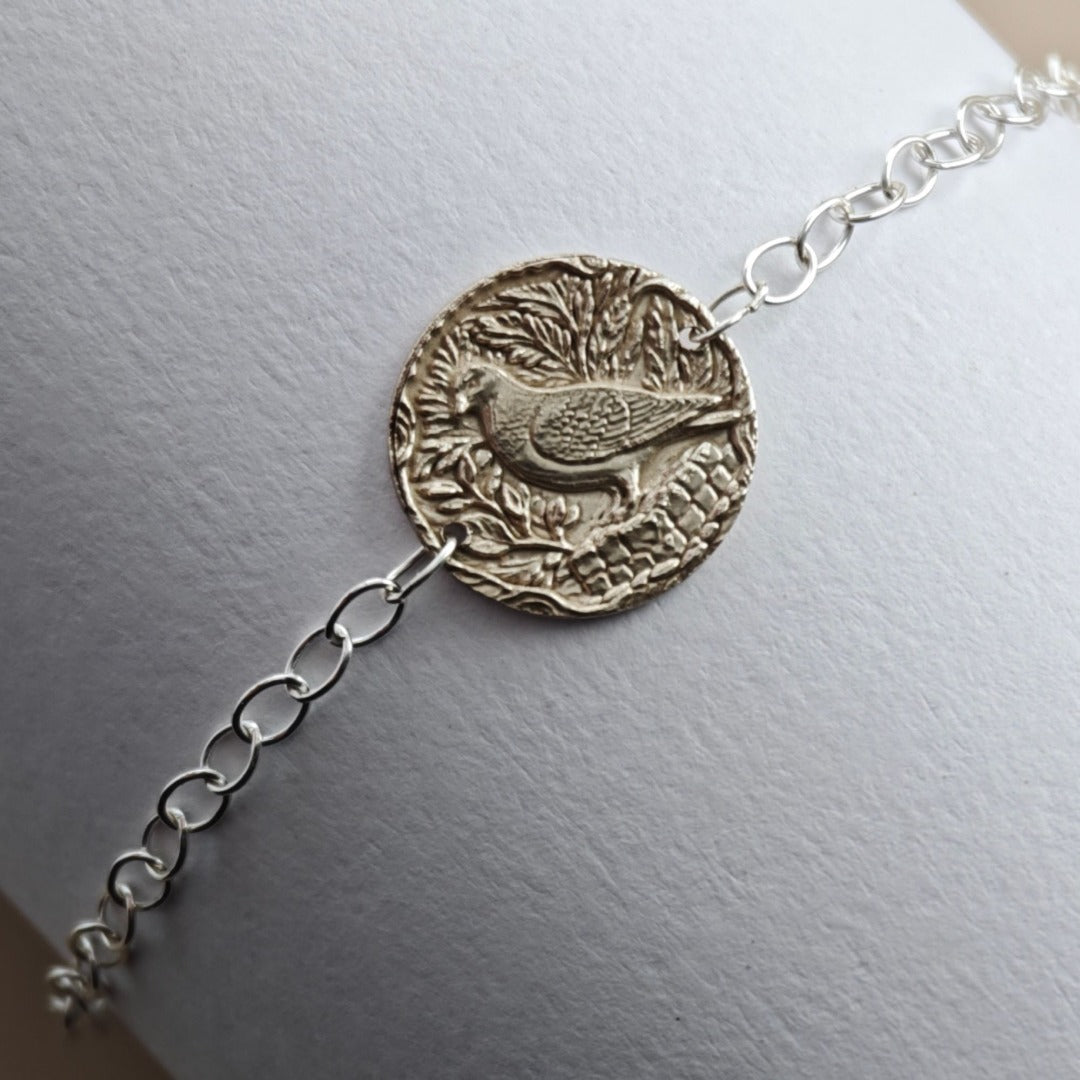 Pigeon Engraved Sterling Silver Coin Bracelet