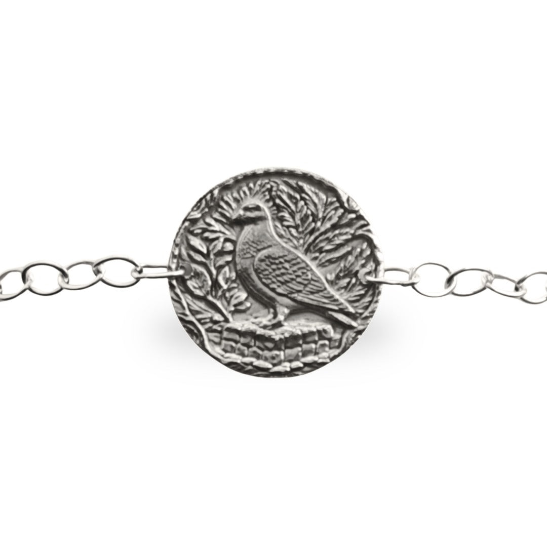 Pigeon engraved sterling silver coin bracelet by Ojewellery