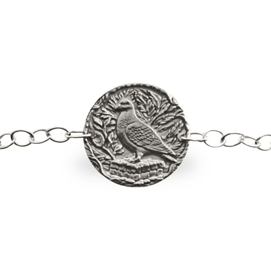 Pigeon engraved sterling silver coin bracelet by Ojewellery