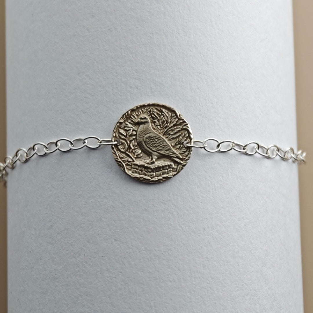 Pigeon Engraved Sterling Silver Coin Bracelet