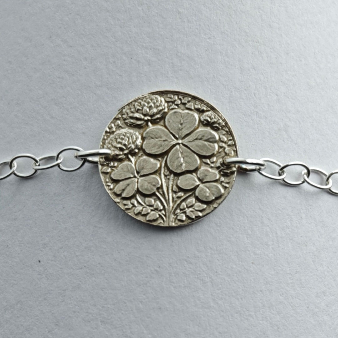 Four Leaf Clover Engraved Sterling Silver Coin Bracelet