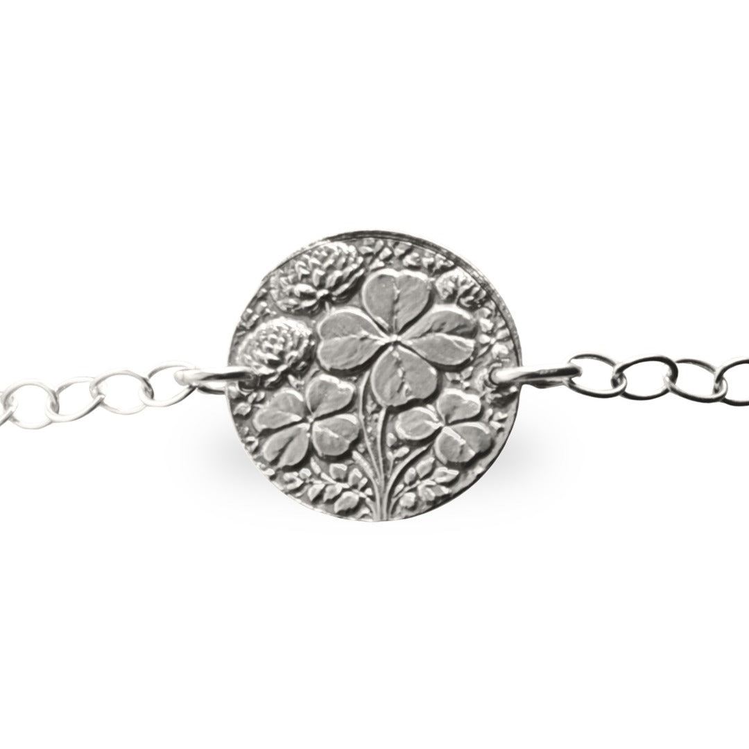 Four Leaf Clover Engraved Sterling Silver Coin Bracelet