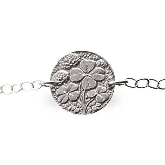 Four Leaf Clover engraved sterling silver coin bracelet by Ojewellery