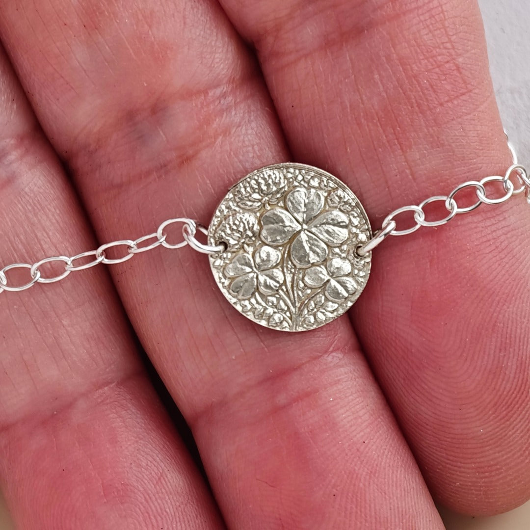Four Leaf Clover Engraved Sterling Silver Coin Bracelet