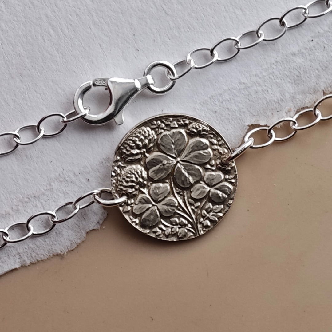 Four Leaf Clover Engraved Sterling Silver Coin Bracelet