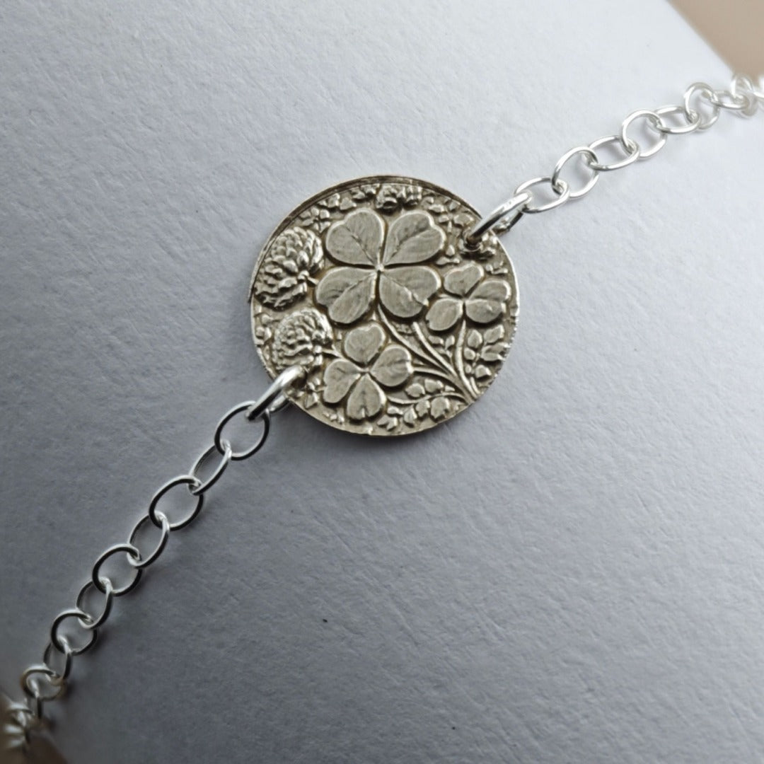 Four Leaf Clover Engraved Sterling Silver Coin Bracelet