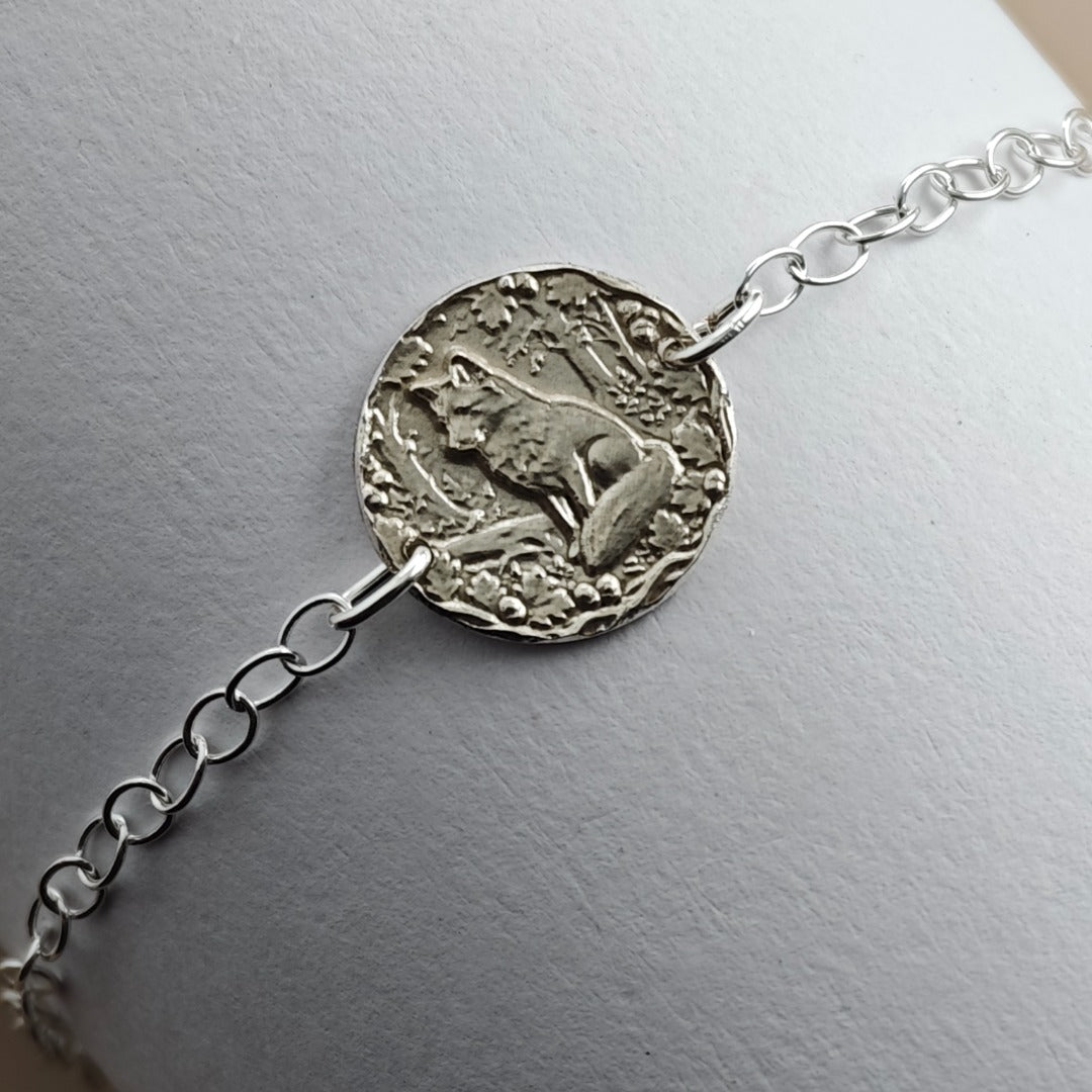 Fox Engraved Sterling Silver Coin Bracelet