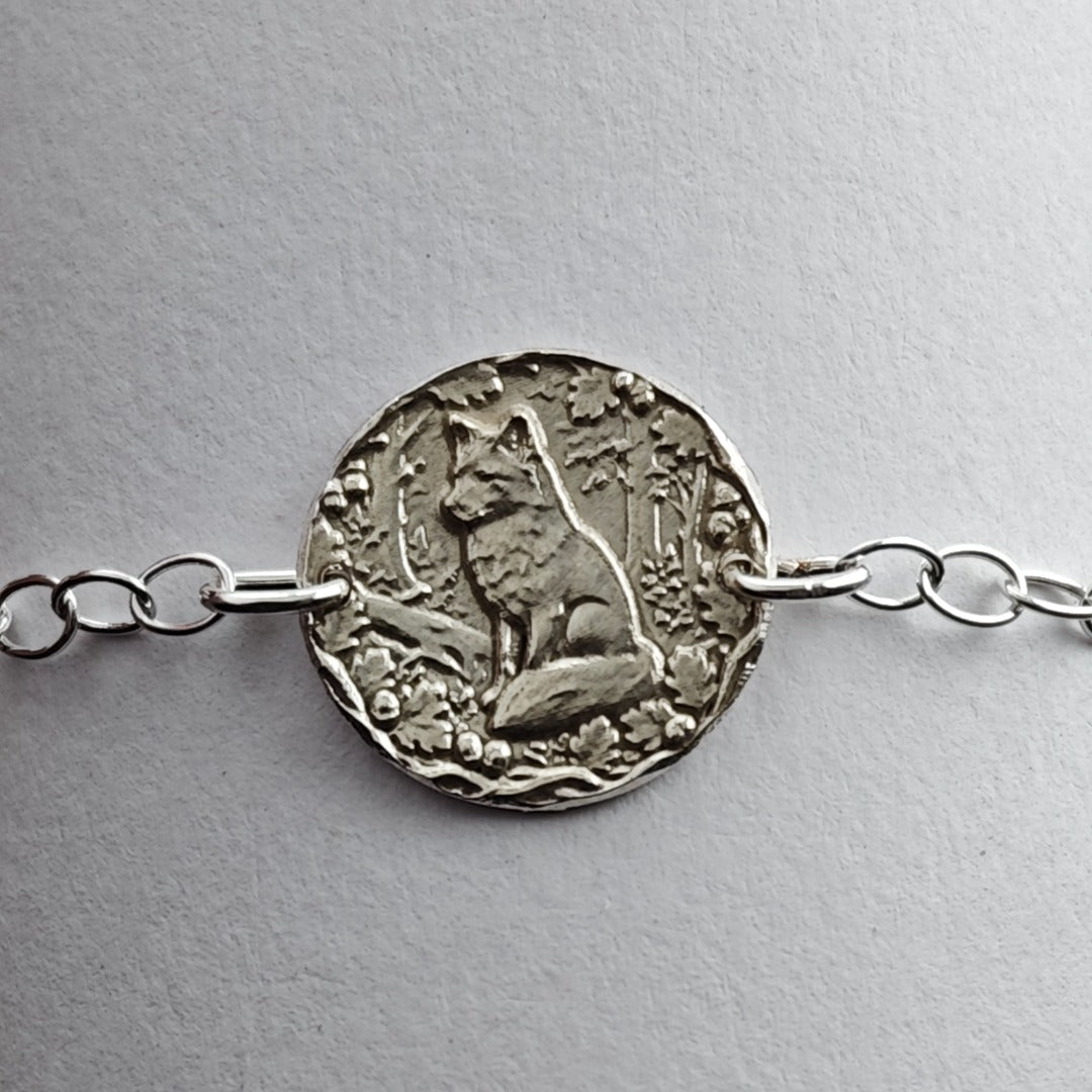 Fox Engraved Sterling Silver Coin Bracelet