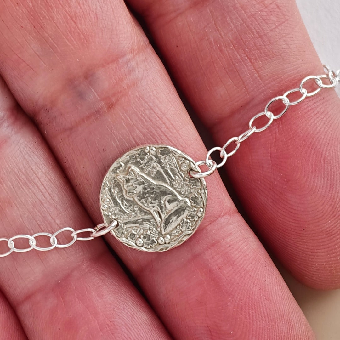 Fox Engraved Sterling Silver Coin Bracelet