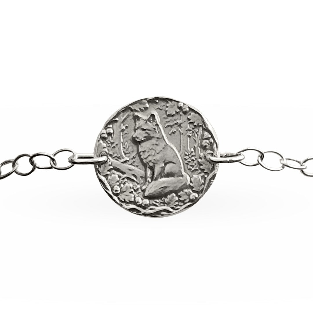 Fox Engraved Sterling Silver Coin Bracelet