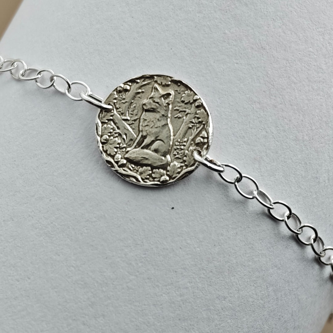 Fox Engraved Sterling Silver Coin Bracelet