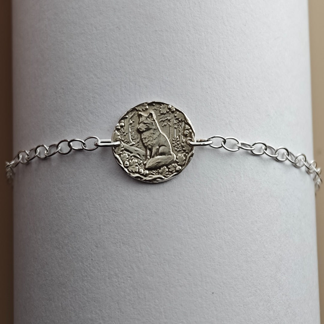 Fox Engraved Sterling Silver Coin Bracelet