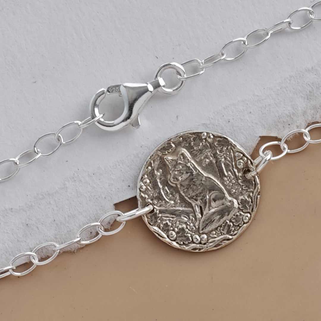 Fox Engraved Sterling Silver Coin Bracelet