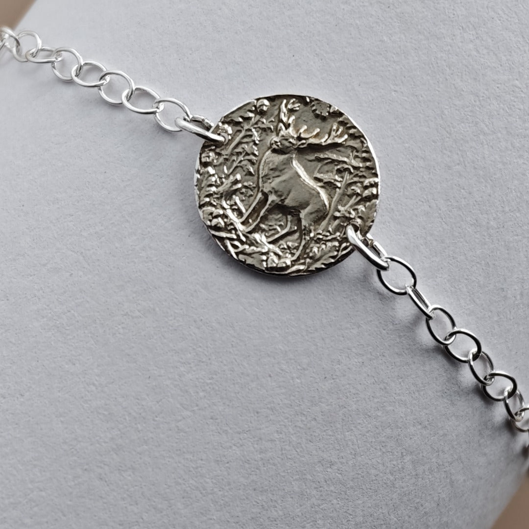 Stag Engraved Sterling Silver Coin Bracelet