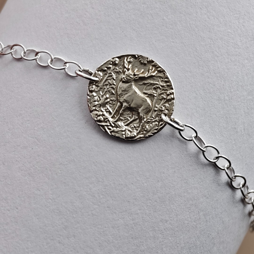 Stag Engraved Sterling Silver Coin Bracelet
