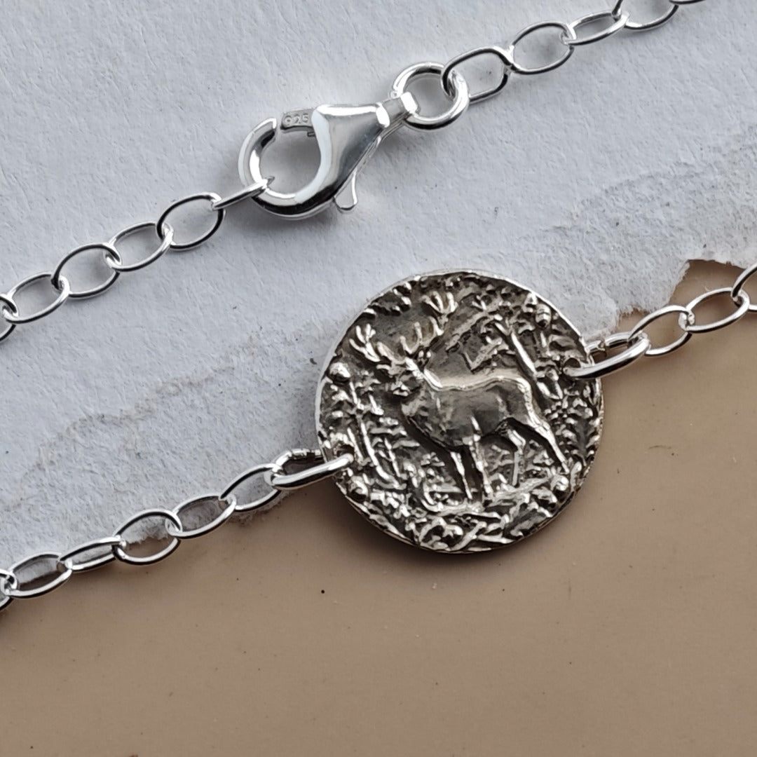 Stag Engraved Sterling Silver Coin Bracelet