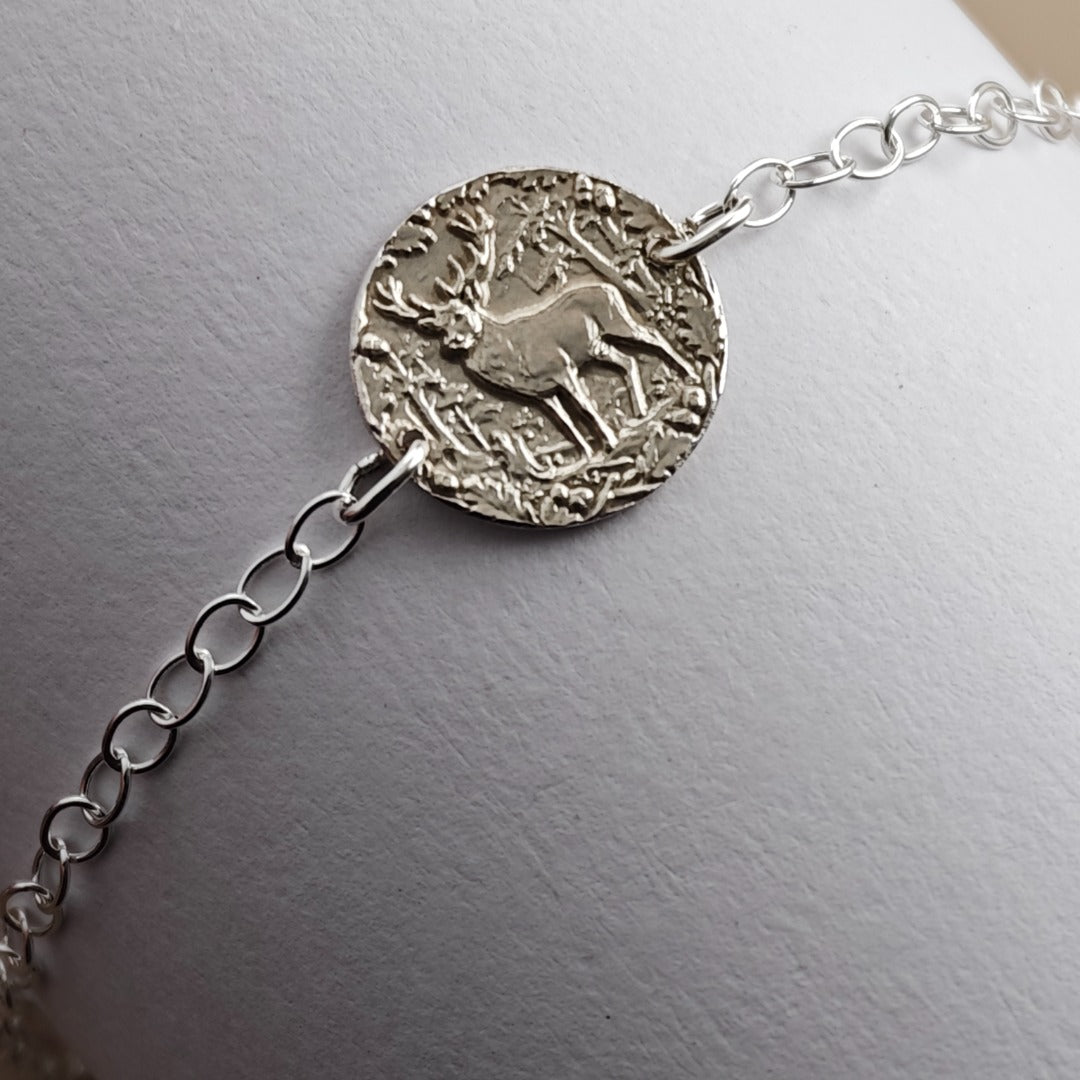 Stag Engraved Sterling Silver Coin Bracelet
