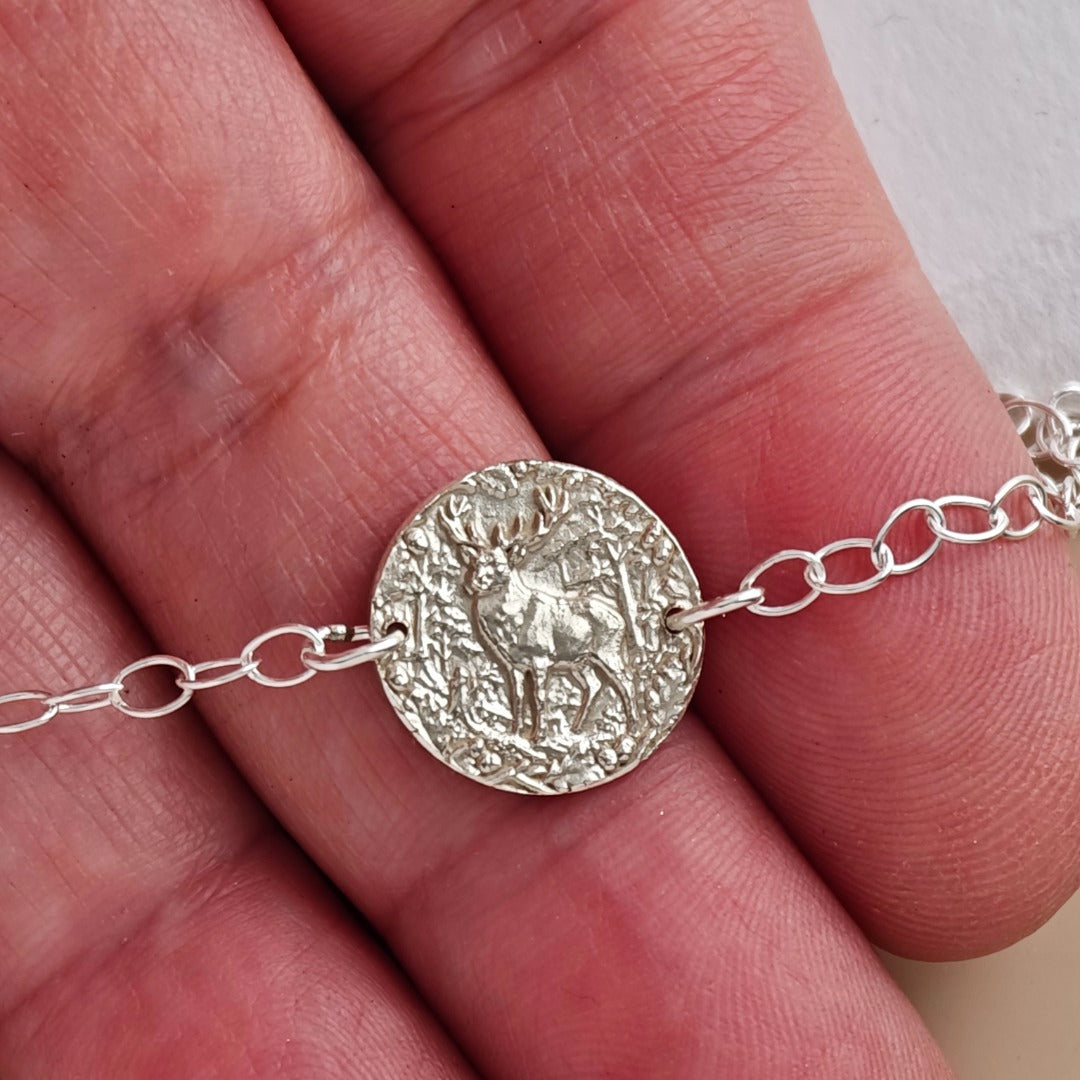 Stag Engraved Sterling Silver Coin Bracelet
