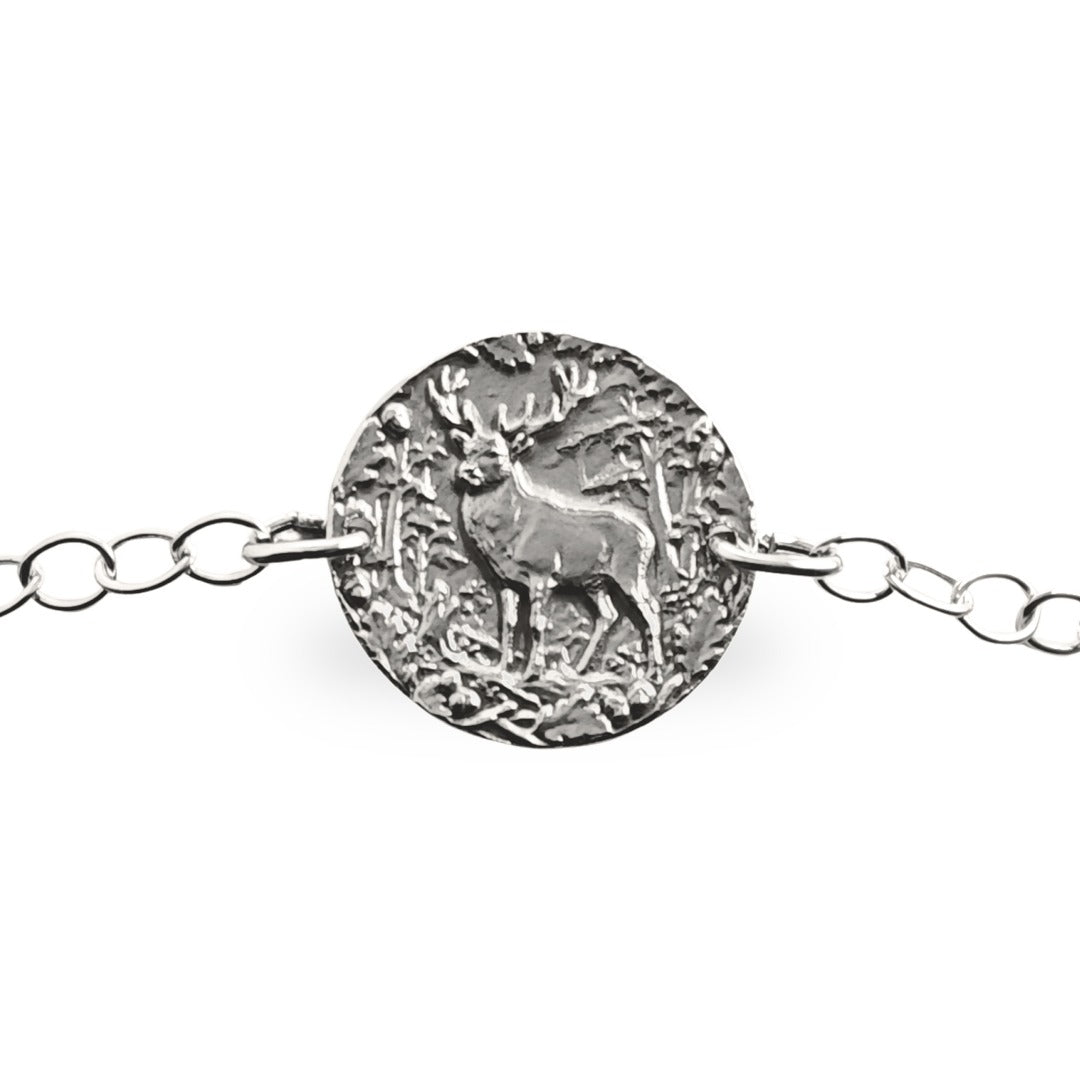 Stag Engraved Sterling Silver Coin Bracelet