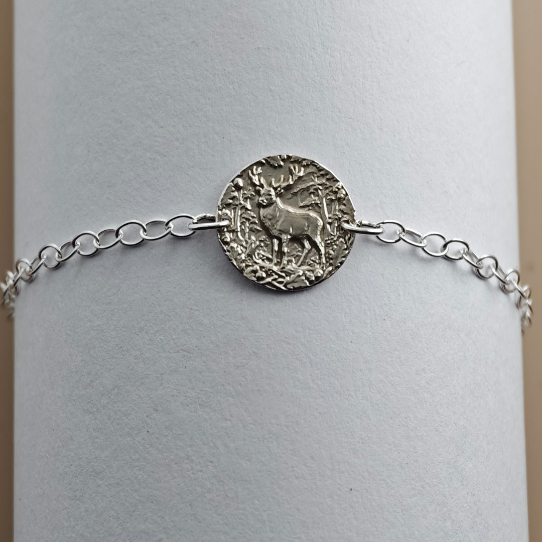 Stag Engraved Sterling Silver Coin Bracelet
