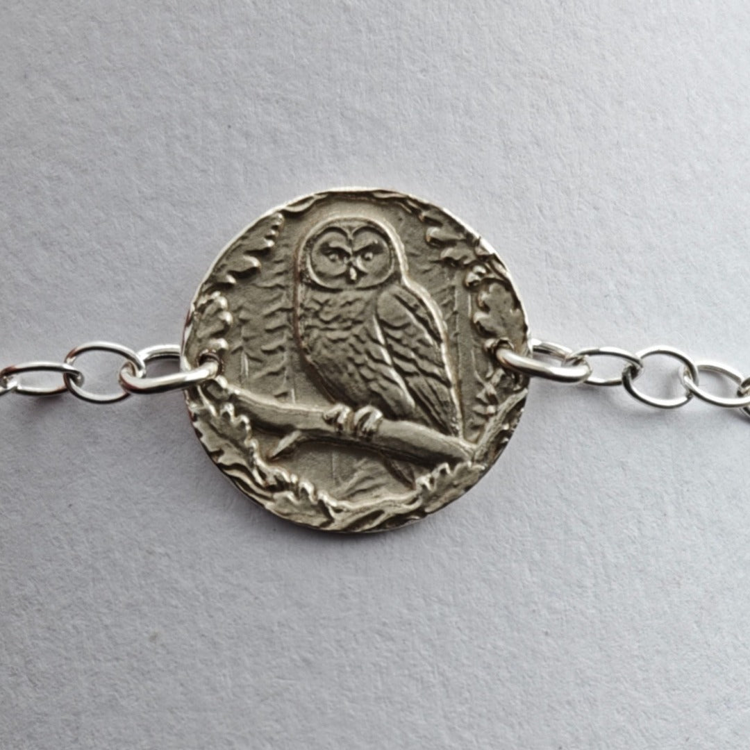 Owl Engraved Sterling Silver Coin Bracelet