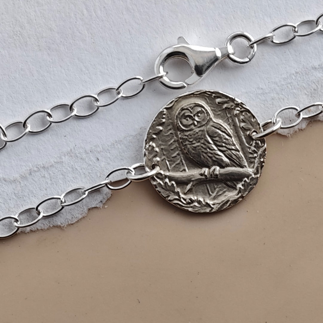 Owl Engraved Sterling Silver Coin Bracelet