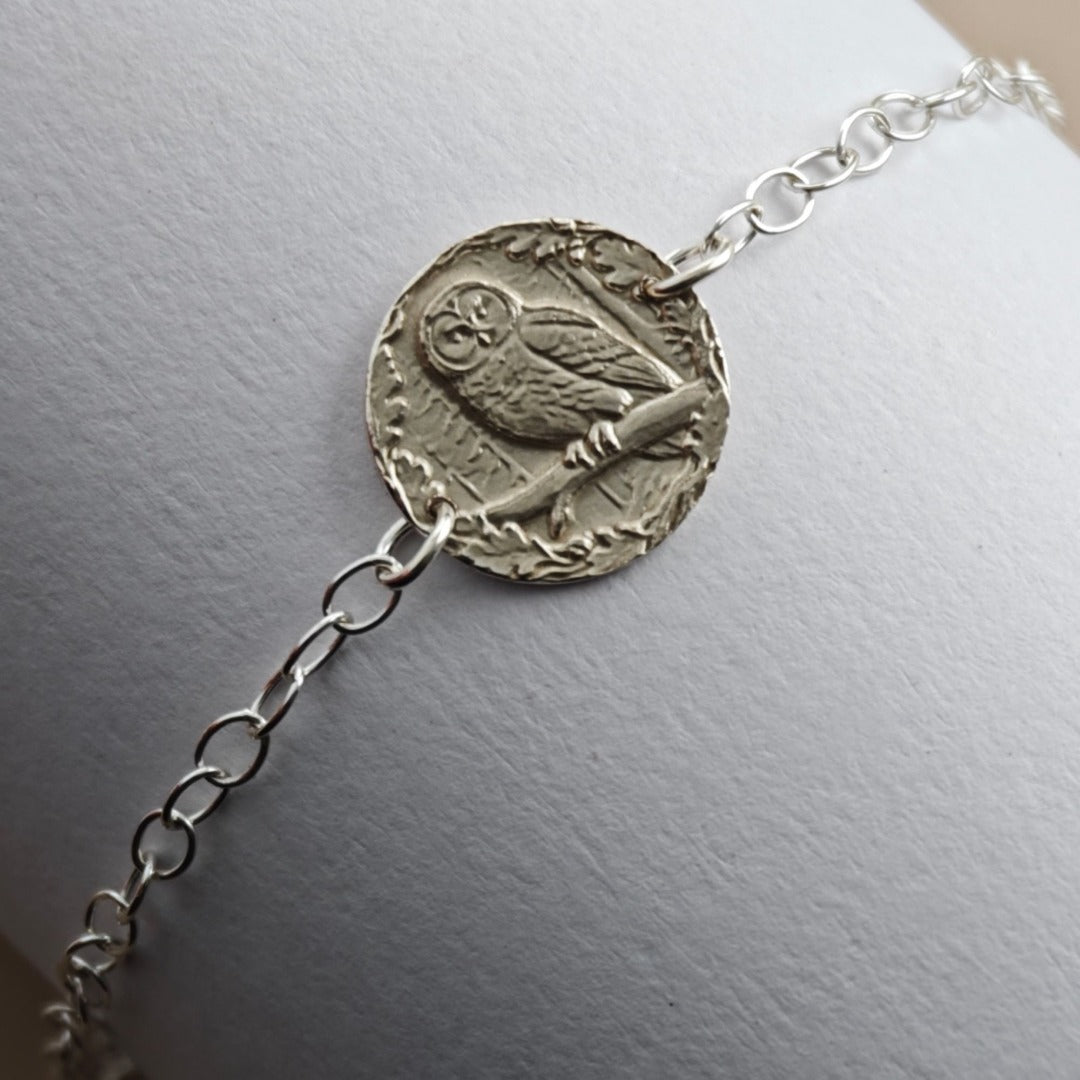 Owl Engraved Sterling Silver Coin Bracelet