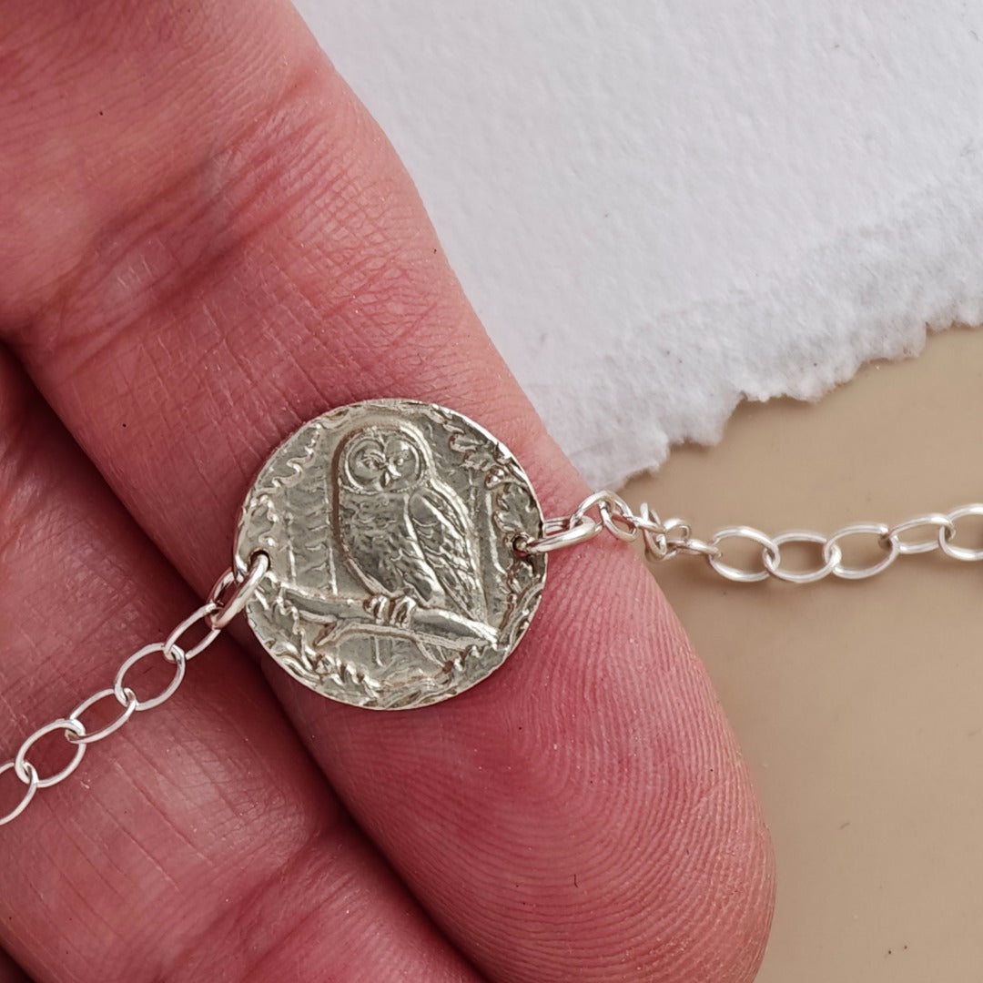 Owl Engraved Sterling Silver Coin Bracelet