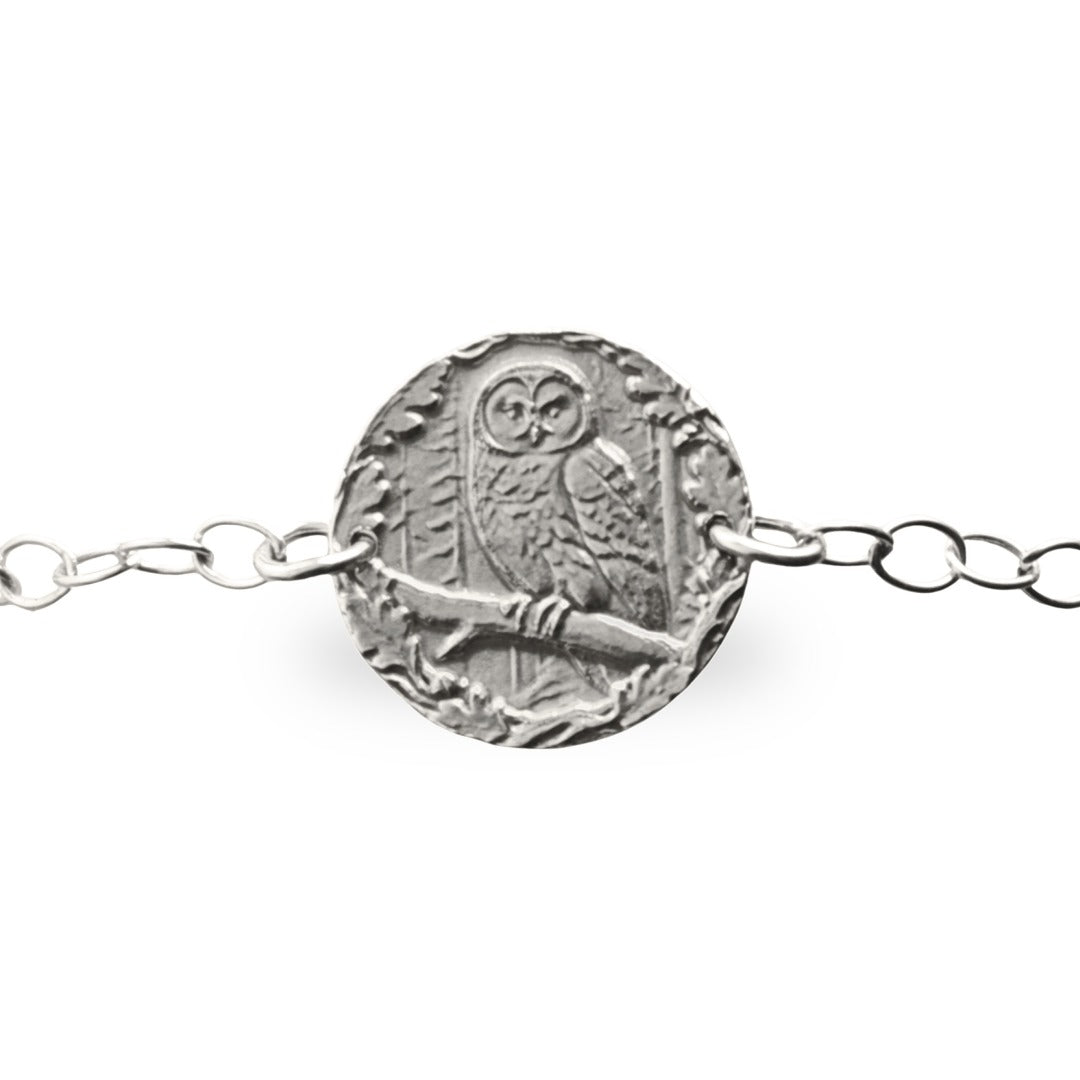 Owl Engraved Sterling Silver Coin Bracelet