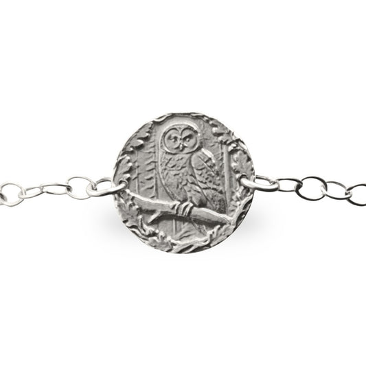 Owl engraved sterling silver coin bracelet by Ojewellery