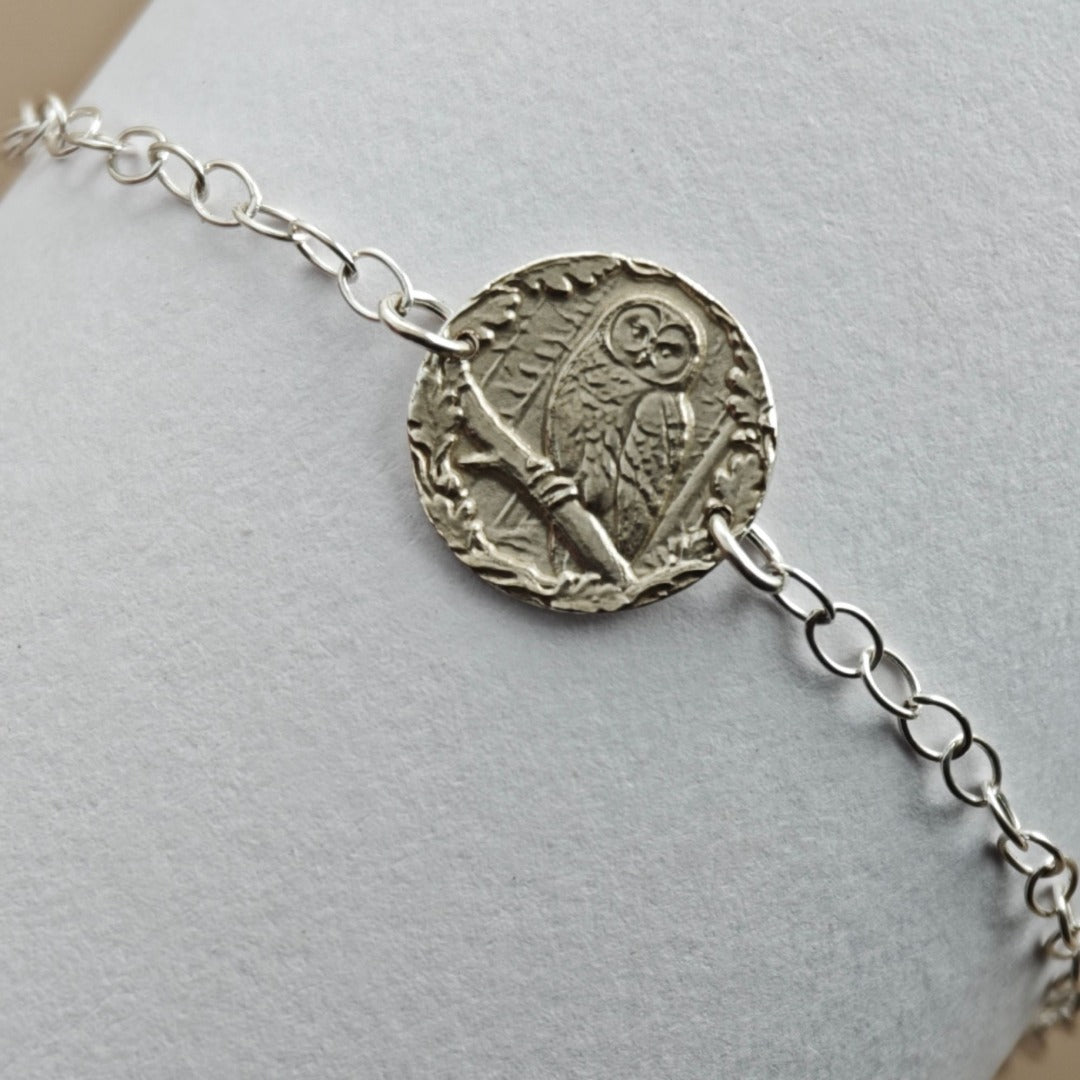 Owl Engraved Sterling Silver Coin Bracelet