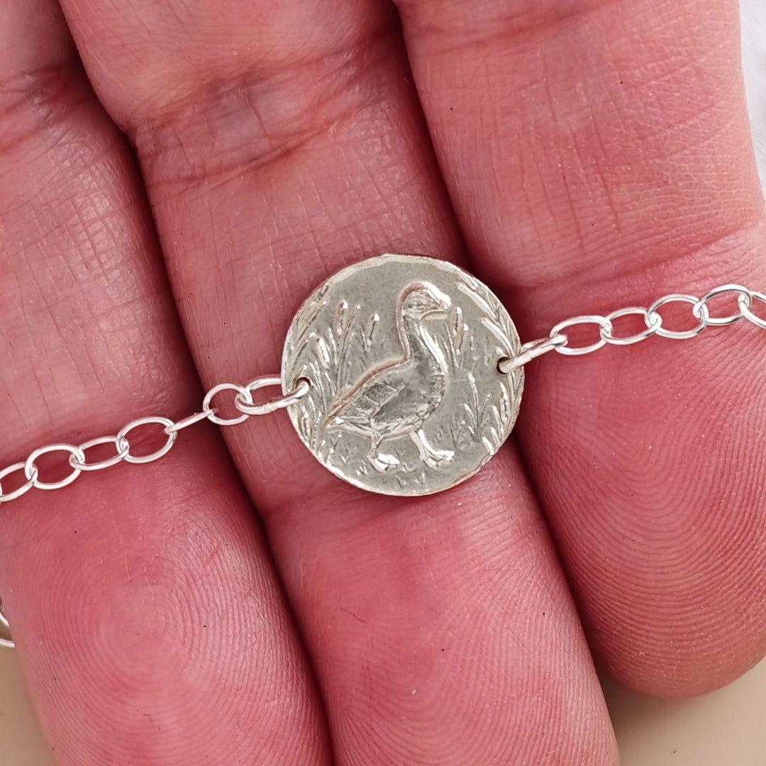 Goose Engraved Sterling Silver Coin Bracelet