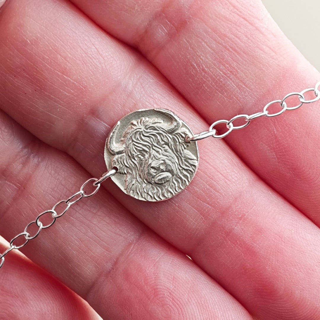 Highland Cow Engraved Sterling Silver Coin Bracelet