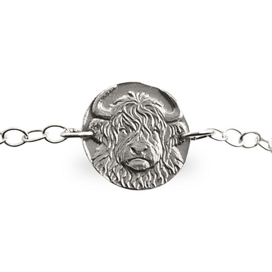 Highland Cow engraved sterling silver coin bracelet by Ojewellery