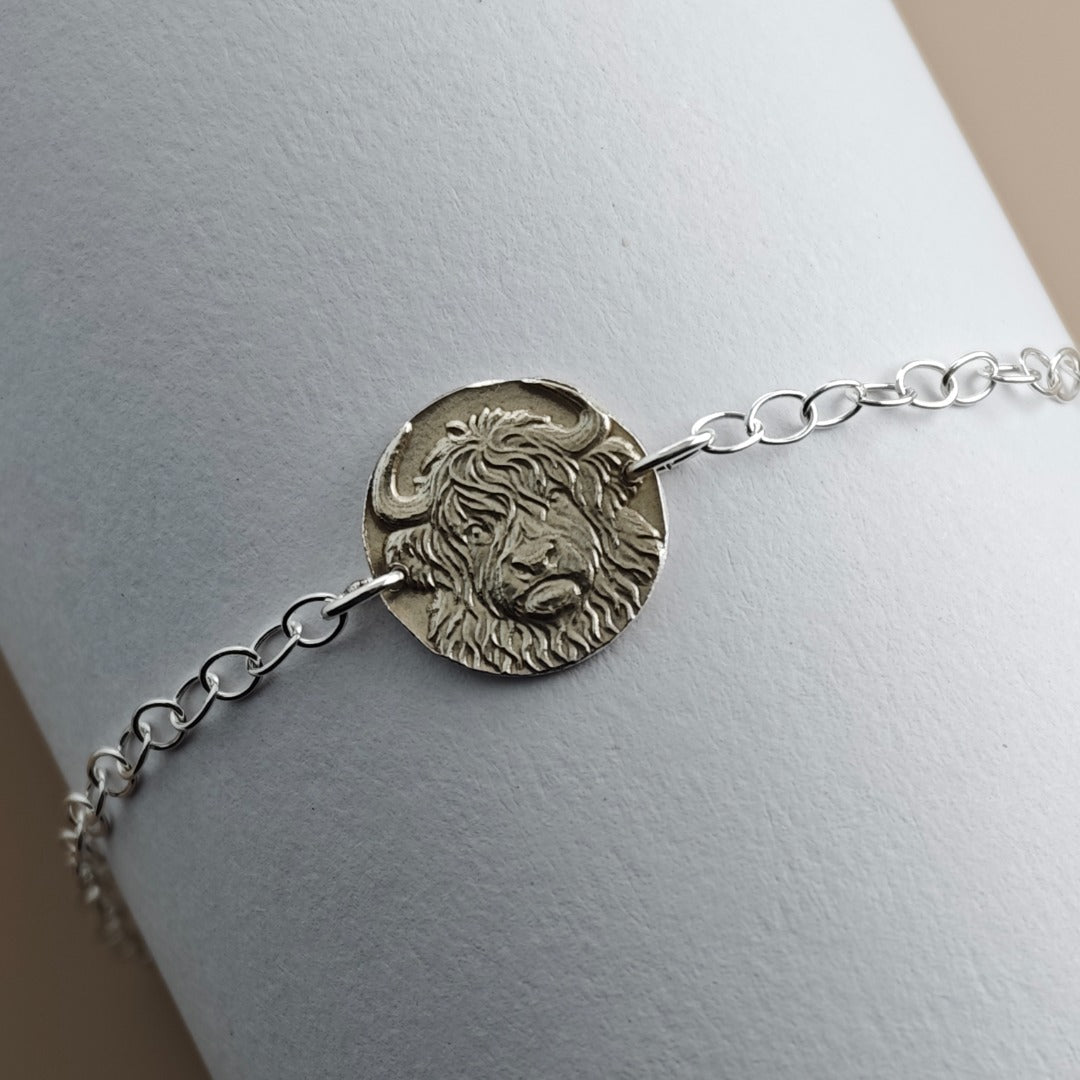 Highland Cow Engraved Sterling Silver Coin Bracelet