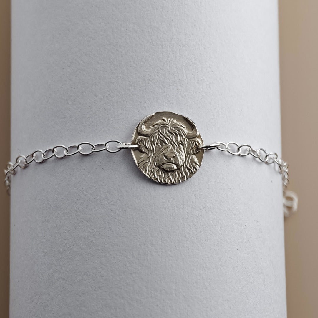 Highland Cow Engraved Sterling Silver Coin Bracelet
