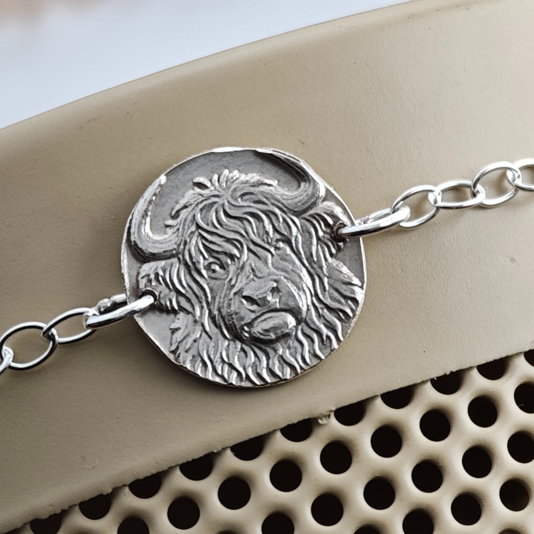 Highland Cow Engraved Sterling Silver Coin Bracelet