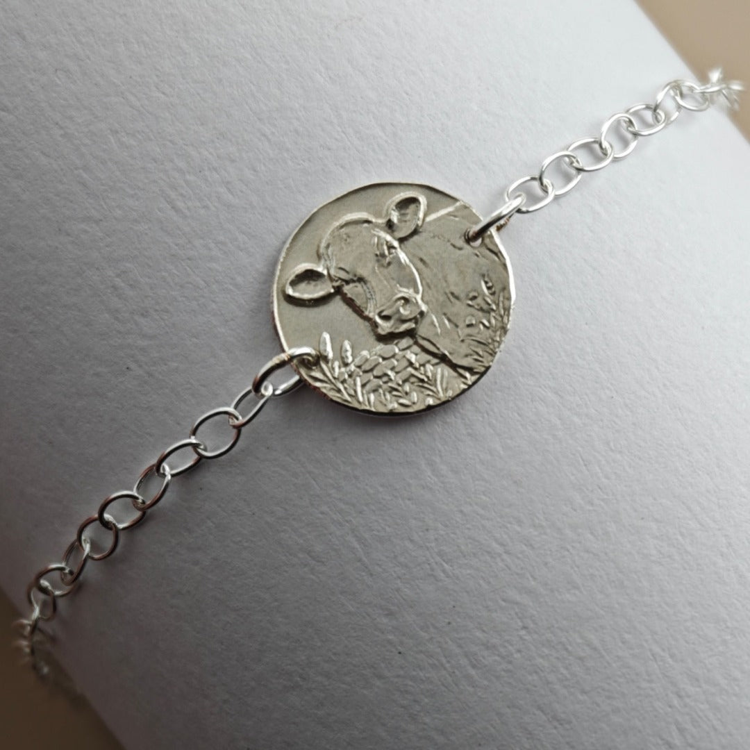 Cow Engraved Sterling Silver Coin Bracelet