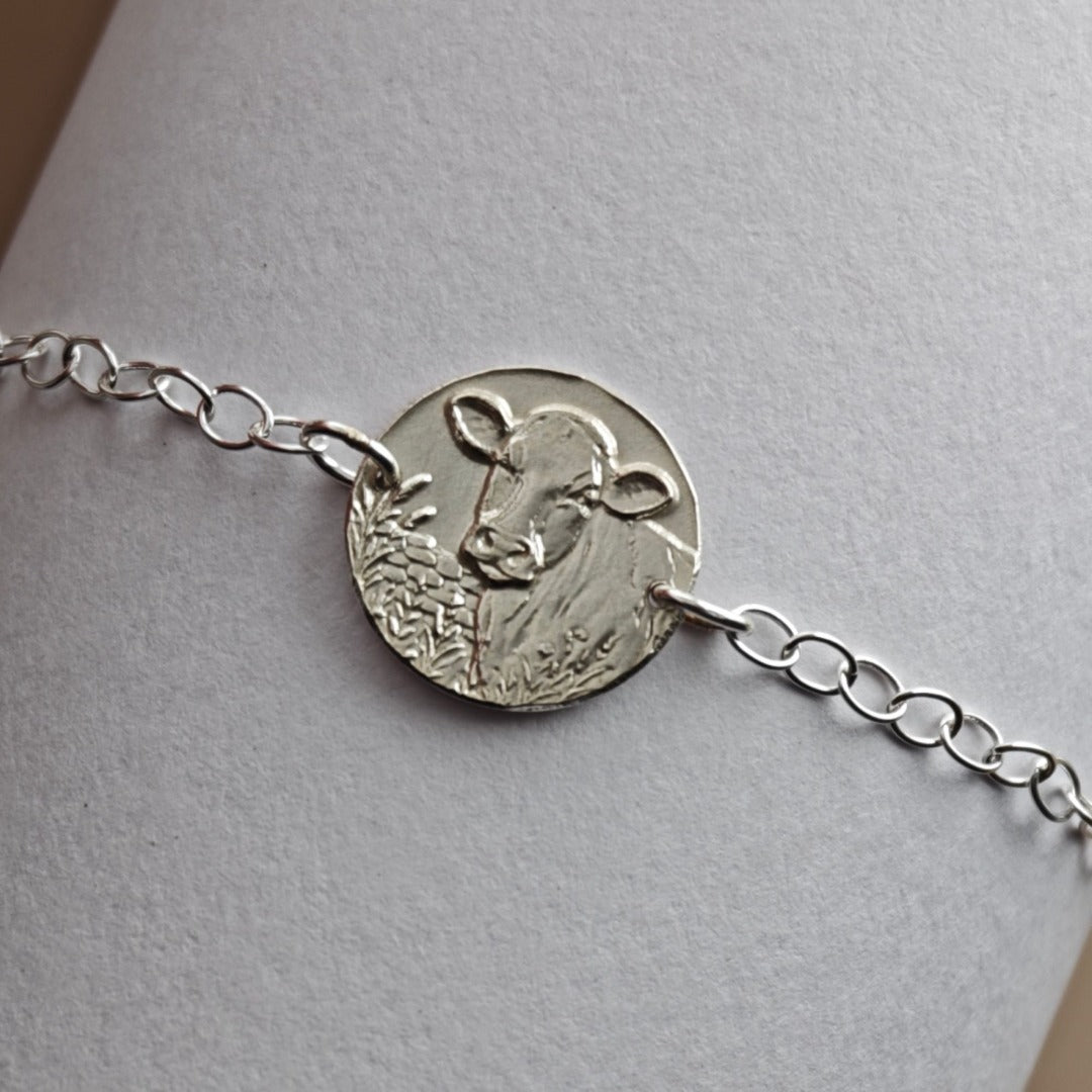 Cow Engraved Sterling Silver Coin Bracelet